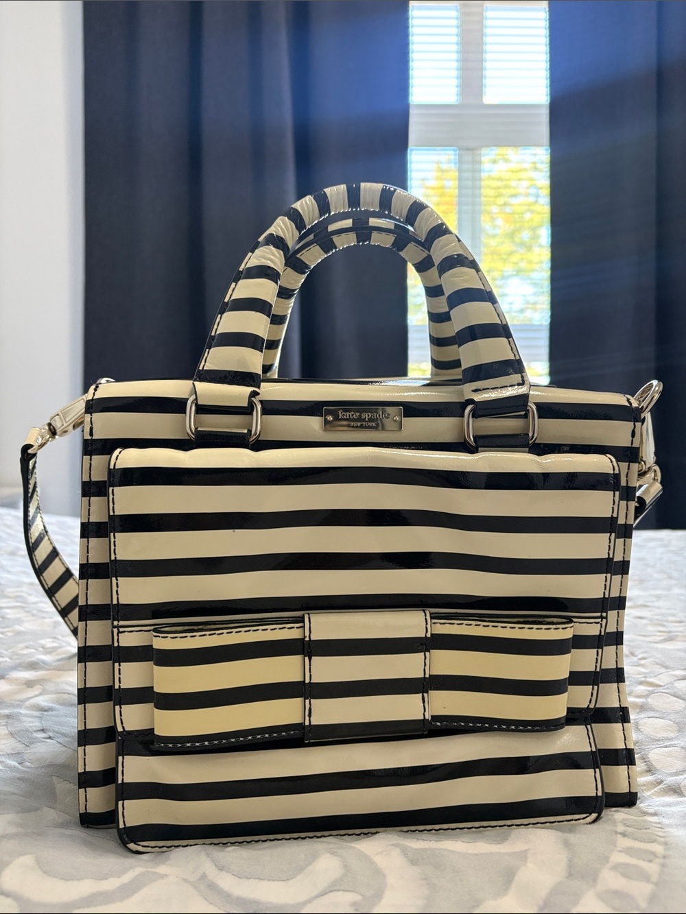 kate spade Black and Cream Striped Bow Satchel with Top Handle